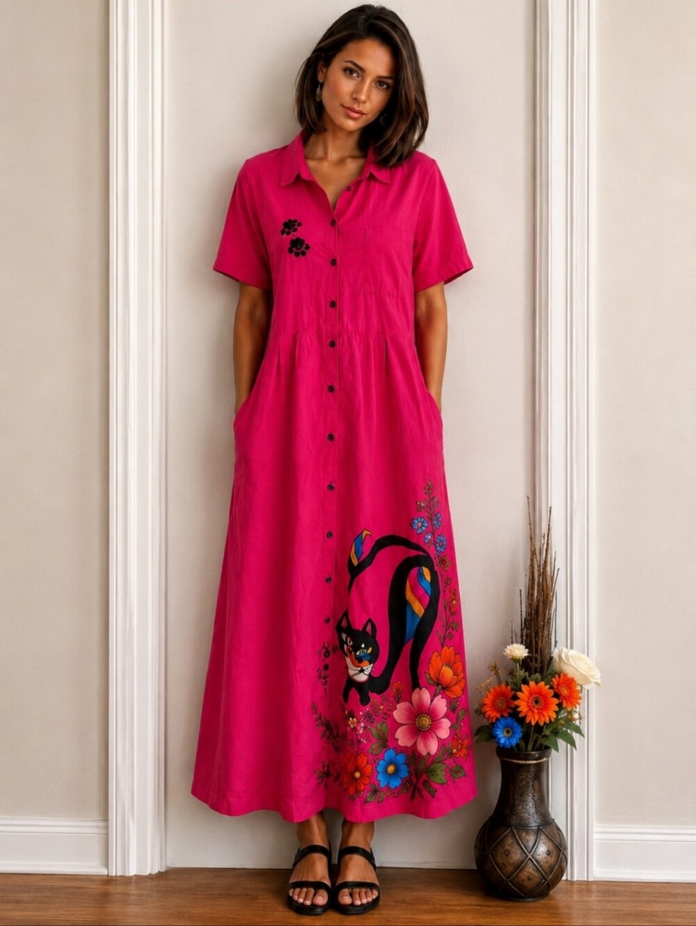 Vintage Iris 80's Colourful Pink Cat Print Maxi Dress | 100% Cotton Pockets Tall